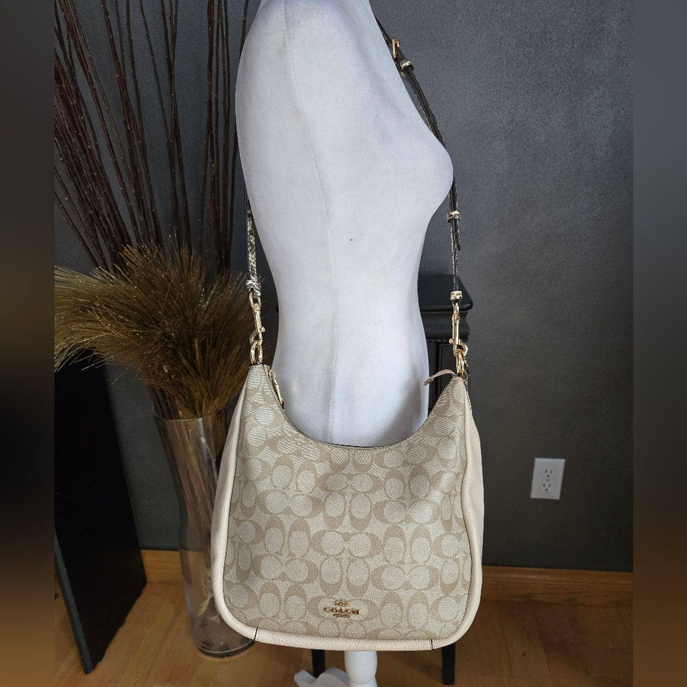 Coach Jules Hobo Pebble & Snake-Embossed Leather Bag Light Khaki/Ivory C91 - Picture 3 of 14